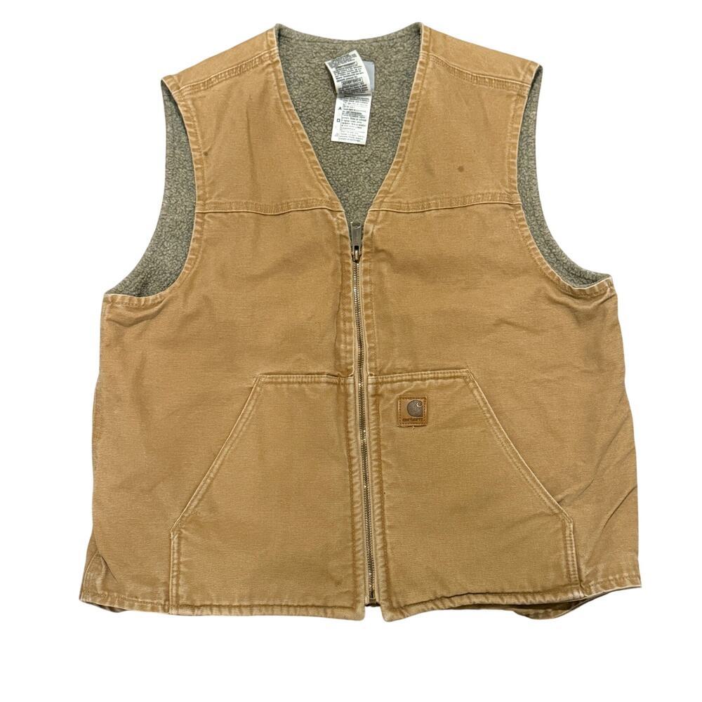 Carhartt Sherpa Lined Duck Canvas Work Vest Brown Men Large Utility Rugged Gorp